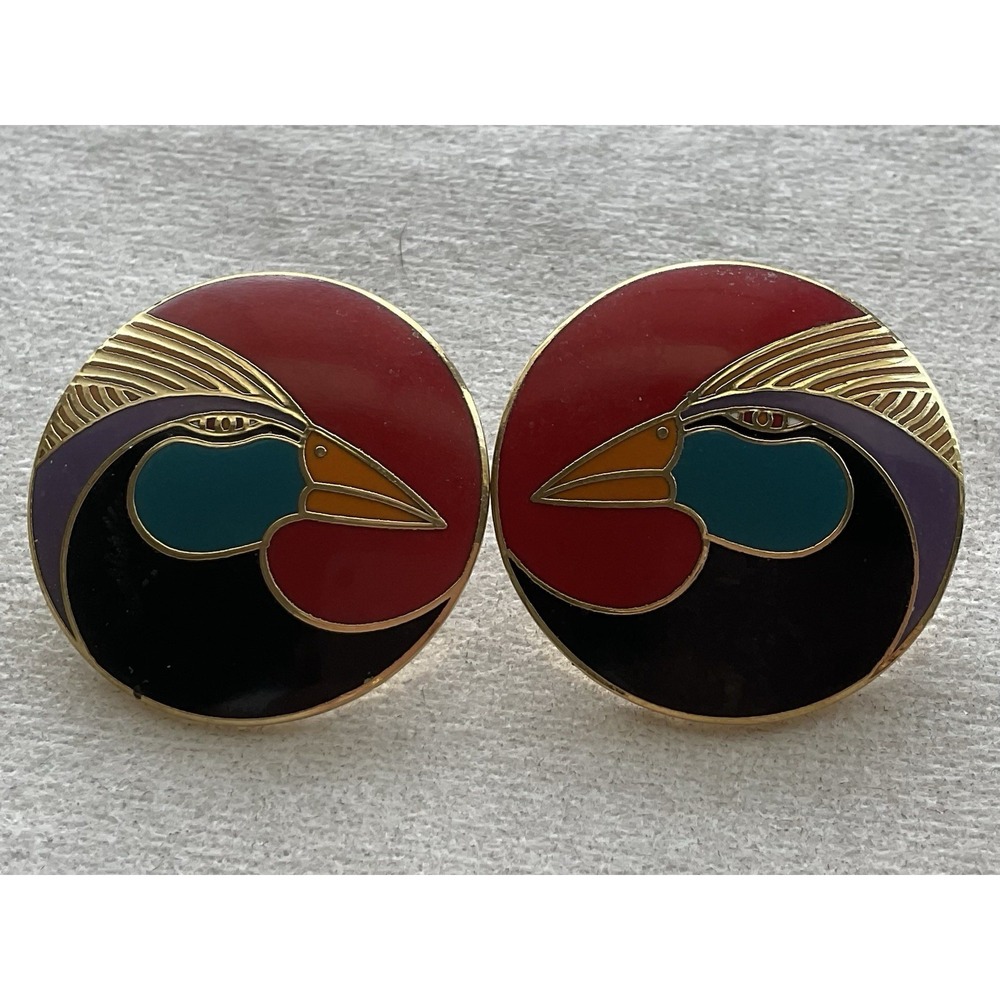 vintage Laurel Burch "Harlequin Bird" enamel earrings Estate Jewelry